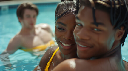 Obraz premium Happy beautiful couple enjoying relaxation in the pool. African American girl in a yellow swimsuit and her boyfriend. Behind them is their mutual friend