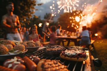 A classic barbecue, with families grilling burgers and hot dogs, children playing with sparklers