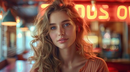 Fototapeta premium Pretty Young Hipster Woman With Curly Hair And A Red Guitar, In Neon Lights, Vibrant And Stylish, High Quality Background