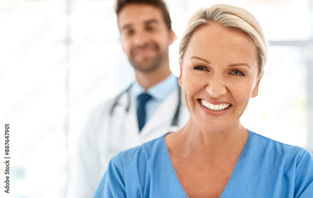 Poster Woman, leader and portrait of happy nurse with team in hospital for medicine, healthcare and service. Face, smile and people in collaboration with medical professional, surgeon and expert doctor