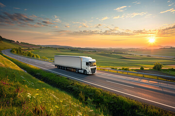 A white truck drives along a highway in a green countryside at sunset, under a picturesque sky with sunbeams