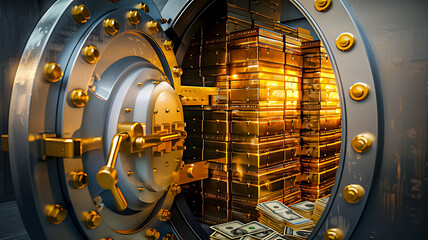 A modern bank vault door, slightly open to reveal stacks of gold bars and cash, strong lighting contrasts, high resolution