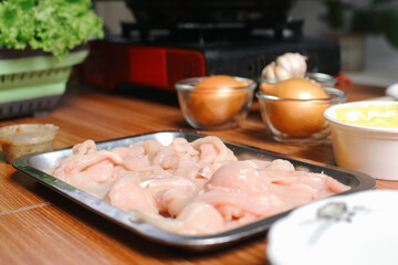 Ingredients For Cooking Asian BBQ Food Style, Grilled Beef Sirloin Meat, Korean BBQ style.
