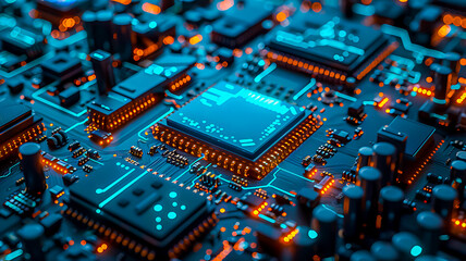 A sleek and advanced AI chip with intricate circuitry, glowing with blue and green lights, macro photography