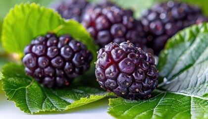 Close-up of fresh, ripe blackberries on green leaves.