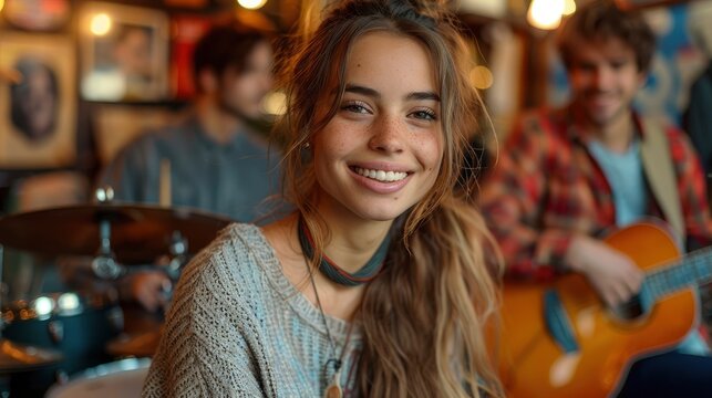 Rehearsal Of A Music Group With A Female Drummer, Focused And Energetic, High Quality Background