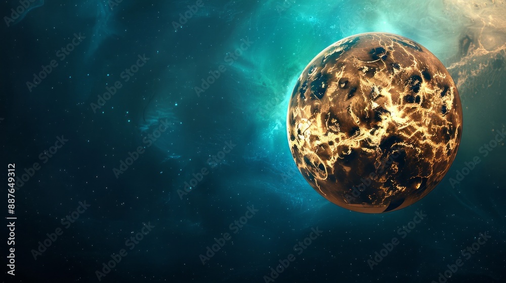 Poster a large planet with a bright orange surface is floating in space