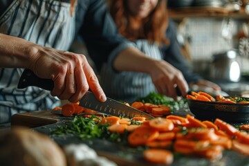 Close-up of a girl slicing carrots for a salad with a chef, knife in hand, focus on, dynamic, composite, farmhouse kitchen backdrop