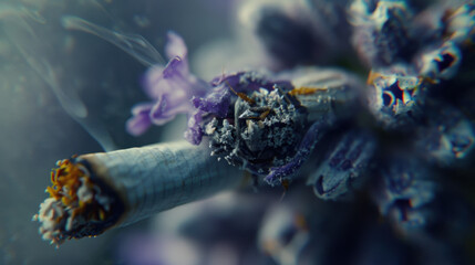 A cigarette is smoking on a purple flower