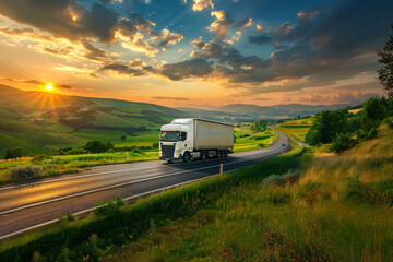 A white truck drives along a highway in a green countryside at sunset, under a beautiful sky with sunbeams.