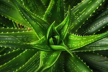 A close-up of a perfectly symmetrical aloe vera plant with thick, green leaves and subtle textures