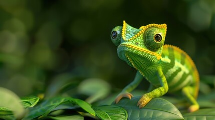 Fototapeta premium Close-up of a Green Chameleon on Leaves