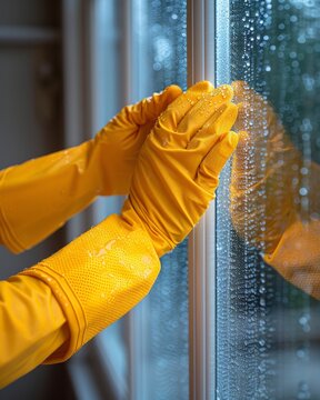 Cleaning service workers in rubber gloves cleaning wet window glass for maintenance