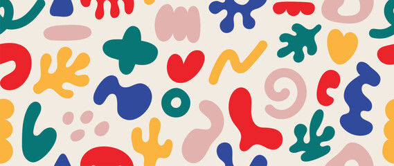 Colorful cute shape doodle in seamless pattern vector. Abstract art background design with childish scribble, doodle in vibrant color. Fun creative illustration for kids, fabric, prints, cover. © TWINS DESIGN STUDIO