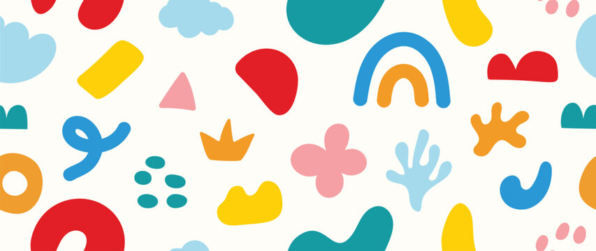 Colorful cute shape doodle in seamless pattern vector. Abstract art background design with childish scribble, doodle in vibrant color. Fun creative illustration for kids, fabric, prints, cover.