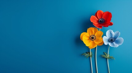 Radiant Anemone Flowers in Deep Crimson, Electric Blue, and Golden Yellow on Serene Background