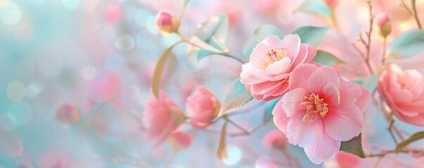Obraz premium Blooming Beauty: Close-up of Vibrant Pink Camellia Flowers on Soft Pastel Background