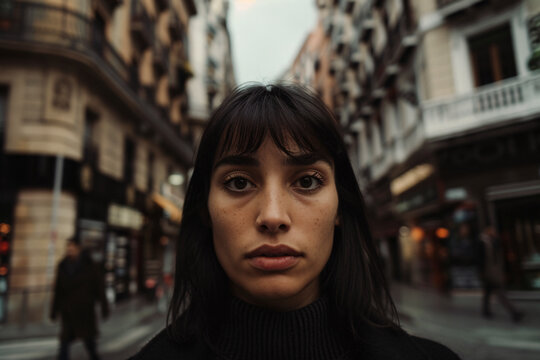 A woman in a black sweater with dark hair gazes intently at the camera while standing in a bustling city street surrounded by buildings and people in motion.