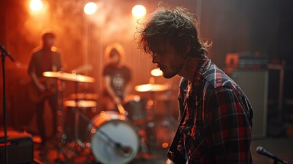 Rock Musicians Having Rehearsal At The Music Recording Studio, Focused And Passionate, High Quality Background