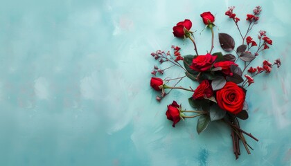 Romantic Valentine's Rose Bouquet Close-Up on Light Blue Background