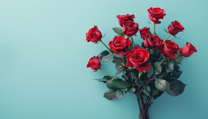 Romantic Valentine's Rose Bouquet Close-Up on Light Blue Background