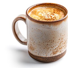 Obraz premium Rustic ceramic coffee mug filled with creamy cappuccino, featuring foamy art and sprinkled with cinnamon, isolated on a white background.