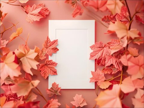 White empty paper, frame surrounded by autumn leaves slow backdrop.
