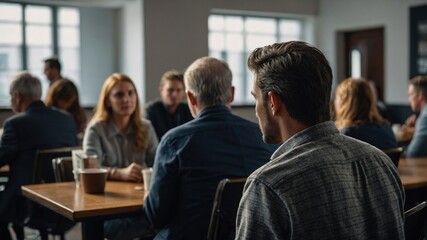Obraz premium A group of people engaging in conversation and socializing in a modern coffee shop setting with large windows. 