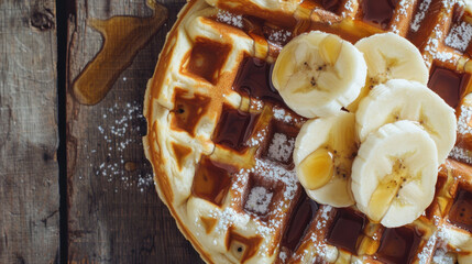 Close-up of Belgian waffle with sliced bananas and maple syrup on rustic wooden table