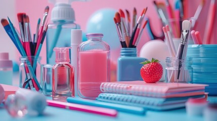School Art Supplies On A Pink And Blue Background, Playful And Colorful, High Quality Background