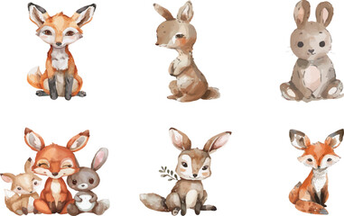 Cute baby fox, deer animal nursery rabbit and bear isolated