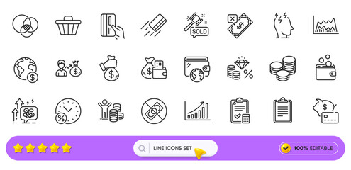 Auction hammer, Trade chart and Stress line icons for web app. Pack of Money tax, Rejected payment, Wallet pictogram icons. Wallet money, Global business, Clipboard signs. Stress grows. Vector