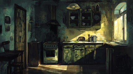A dimly lit kitchen, seemingly normal at first glance, but with subtly eerie elements like a slightly ajar cabinet and sinister shadows, painted in dramatic oil-on-canvas style