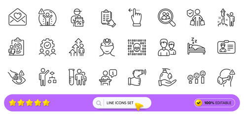 Search employees, Sleep and Medical analyzes line icons for web app. Pack of Wash hands, Algorithm, Teamwork pictogram icons. Dont touch, Touchscreen gesture, Podium signs. Search bar. Vector