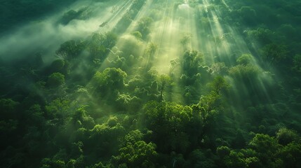 Fototapeta premium A sweeping aerial view of an ancient, mystical forest bathed in ethereal light; a blend of scientific marvel and fantasy, captured in high-resolution drone photography