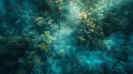 Fototapeta premium A sweeping aerial view of an ancient, mystical forest bathed in ethereal light; a blend of scientific marvel and fantasy, captured in high-resolution drone photography