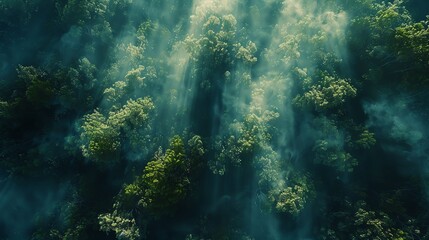 Naklejka premium A sweeping aerial view of an ancient, mystical forest bathed in ethereal light; a blend of scientific marvel and fantasy, captured in high-resolution drone photography