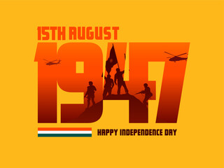 '15th August 1947' Indian Independence Day Typography with Indian army soldiers vector silhouette banner design for social media post  
