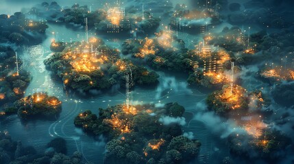 Obraz premium High-angle view of an ethereal fantasy world with floating islands, interconnected by luminous pathways, overlaid with stock market graphs and dynamic trading data, photorealistic