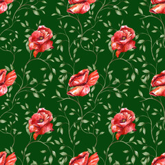 Poppies seamless Pattern Flowers watercolor hand drawn botanical design on green. Red flowers, leaves, branches, meadow herbs, textile design, wrapping paper, wallpaper