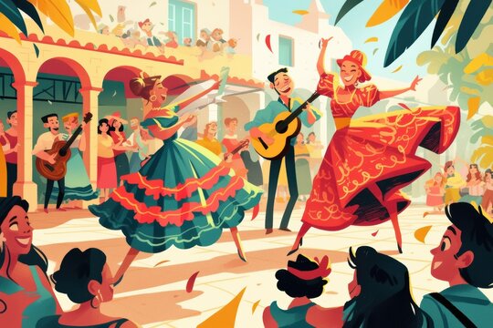 A festive performance in a lively courtyard, with dancers in vibrant dresses, guitarists playing, and a cheering audience
