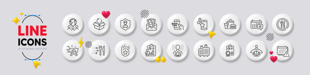 Fototapeta premium Bribe, Global business and Food line icons. White buttons 3d icons. Pack of Food delivery, Security agency, Shopping cart icon. Education, Inspect, Notification pictogram. Vector