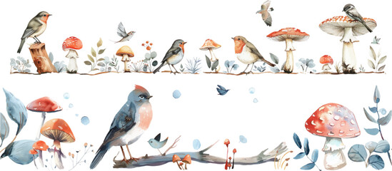 Set of Woodland Watercolor Clip Art, Birds and Mushrooms Set.