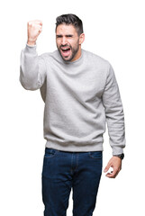 Young handsome man wearing sweatshirt over isolated background angry and mad raising fist frustrated and furious while shouting with anger. Rage and aggressive concept.