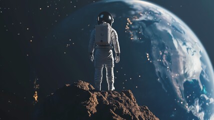 Naklejka premium Rear view of a minimalist astronaut in a sleek white suit standing on a small rocky planet