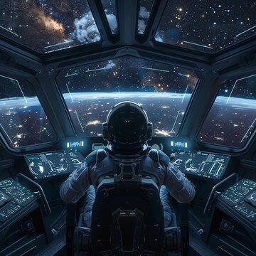 Minimalist design of a futuristic spaceship cockpit from the rear view