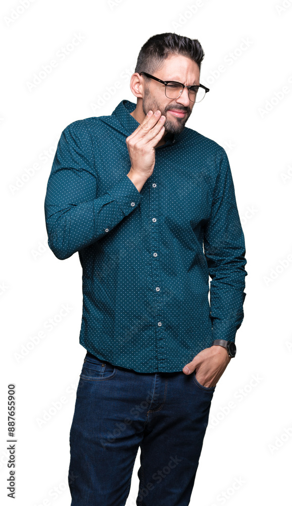 Sticker young handsome business man wearing glasses over isolated background touching mouth with hand with p