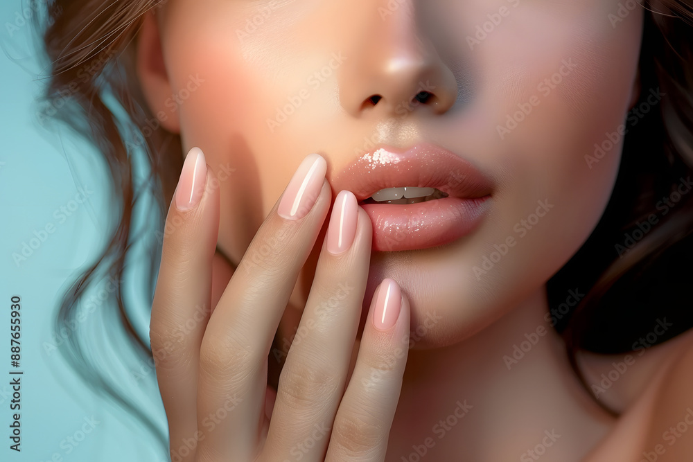 Sticker beautiful model woman showing french manicure. cosmetics, beauty, makeup and nails hand care