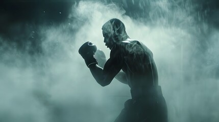 Intense boxer readying for a fight amidst dramatic mist. 