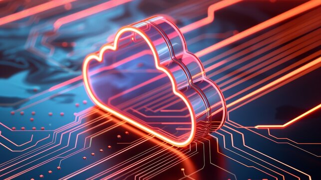 High-tech cloud computing icons, surrounded by a holographic circuit board background, neon lights and vibrant details, futuristic style